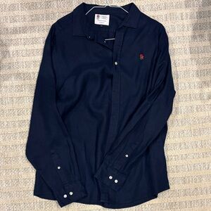 Men's Navy Blue Linen Shirt with Embroidered Rose - England Rugby